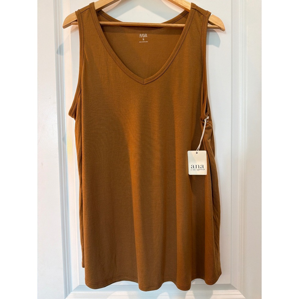 ana A New Approach Womens 1X V-Neck Tank Top Cognac Brown Sleeveless NWT